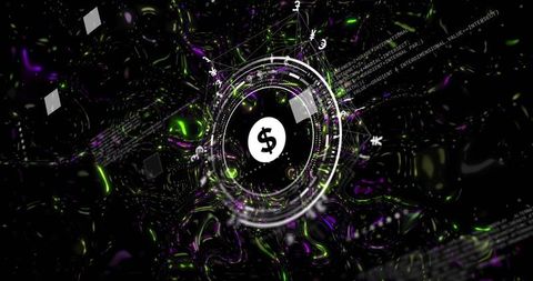 Glowing dollar symbol pulsing inside futuristic blockchain HUD with neon nodes circuits