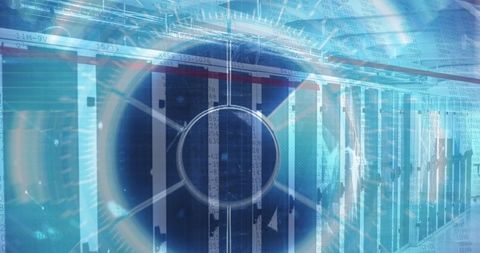 Futuristic Data Center with Cybersecurity Interface Overlay