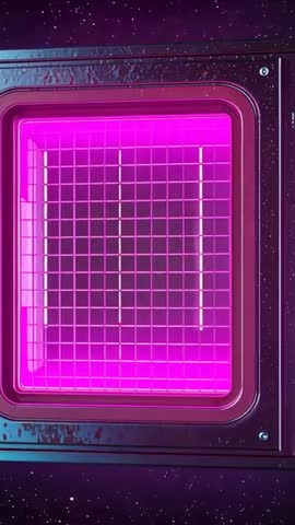 Vertical neon panel zooming through starfield revealing magenta grid and glowing tubes