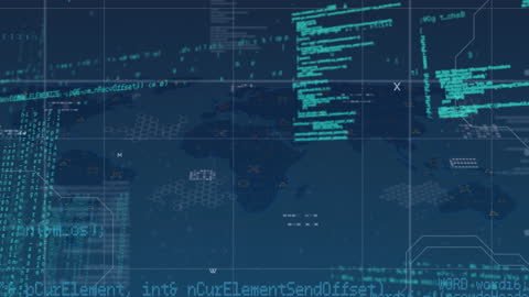 Digital Data Processing Animation with World Map Overlay