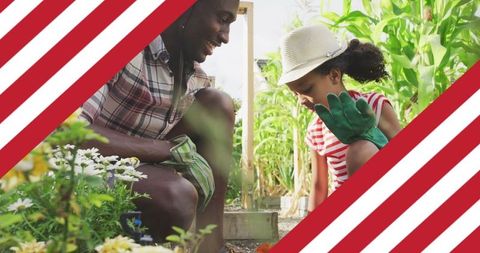 Father and Daughter Gardening with United States Flag Overlay