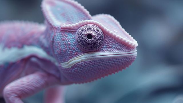 Pastel pink-blue chameleon detailed close-up facing forward