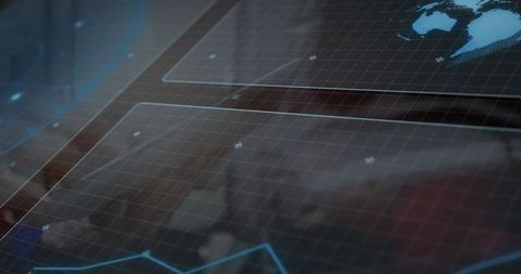 Transparent Touchscreen Displaying Gridded HUD, Blue Line Chart and Dotted World Map