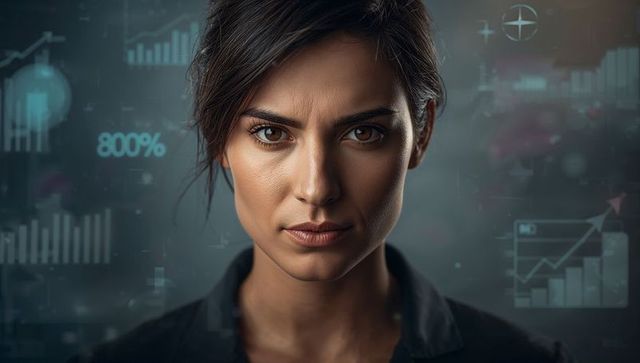 Focused businesswoman analyzing data with floating hud analytics and growth charts