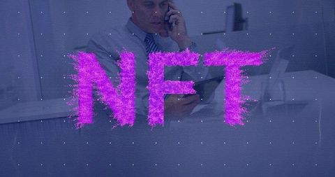 Executive using smartphone with magenta nft digital grid overlay