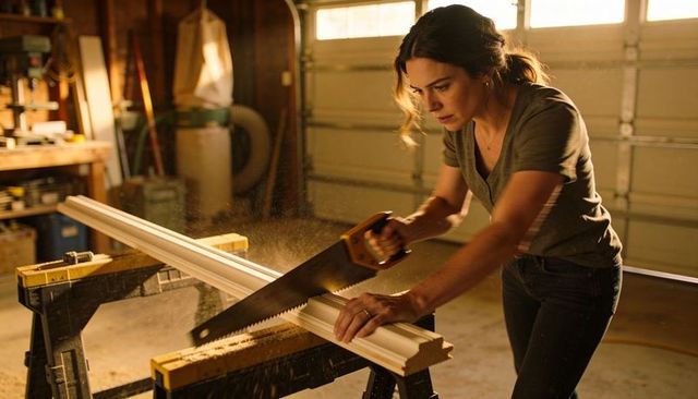 Diy carpentry: woman cutting trim on sawhorses in sunlit garage for home renovation