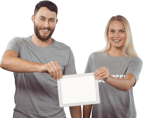 Smiling Volunteers Holding Tablet Transparent Background