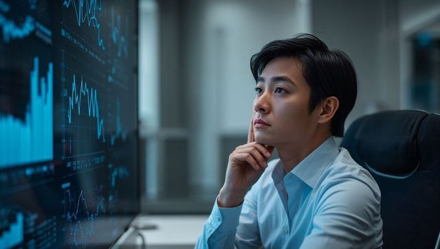 Young professional analyzing live financial charts on large monitor for data-driven trading decision