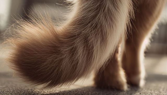 Sunlit fluffy cat tail curling over hind paws closeup golden hour fur texture