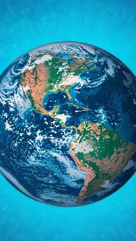 Rotating Earth globe zooming on Americas with teal ocean backdrop vertical loopable video