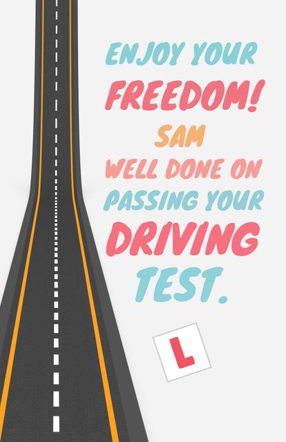 Colorful congratulatory design for driving test success features open road concept. Ideal for use in automotive industry promotions, driving school advertisements, celebratory social media posts, or greeting cards congratulating learner drivers.