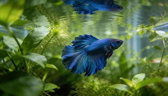 Blue betta fish swimming through lush planted aquarium showing flowing iridescent fins