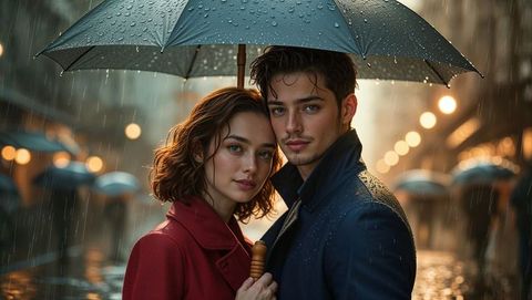 Romantic cute couple strolling in rain under umbrella