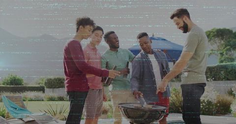 Friends Grilling and Bonding in Backyard by Poolside