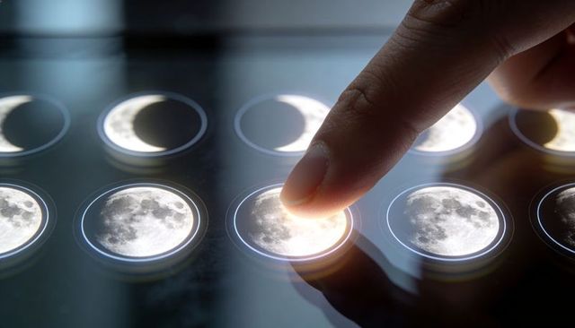 Selecting lunar phase on touchscreen tablet showing glowing moon icons and reflections