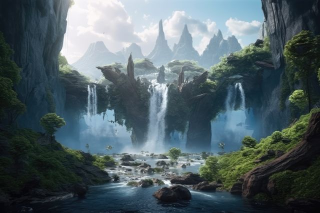 Fantasy landscape with waterfalls, river and mountains created using generative ai technology - Download Free Stock Photos Pikwizard.com