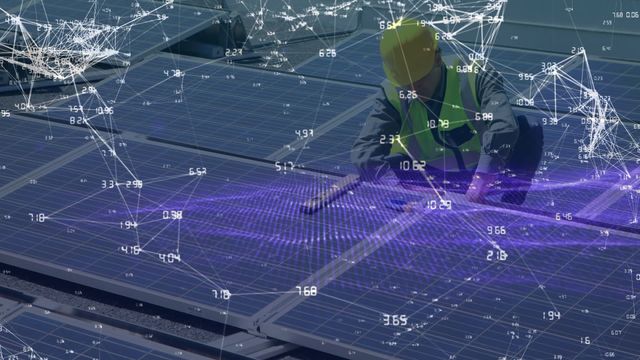 Depicts engineer working with technology over solar panels, exemplifying advancements in the renewable energy sector. Incorporated network and data overlay suggests involvement of IoT or system optimization. Appropriate for topics in environmental science, sustainable energy initiatives, smart technology applications, and industry innovations.