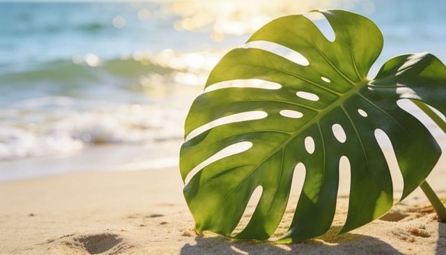 Monstera leaf resting on sunlit beach sand casting tropical shadow with golden hour bokeh