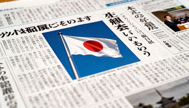 Japanese flag waving against blue sky on newspaper front page editorial closeup