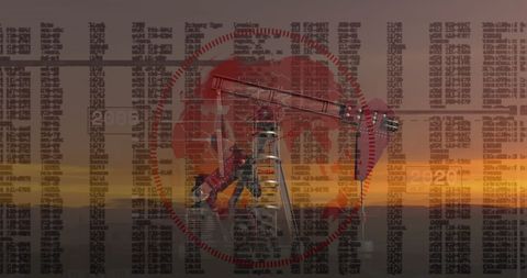 Oil Rig Silhouette with Financial Data and Sunset Background