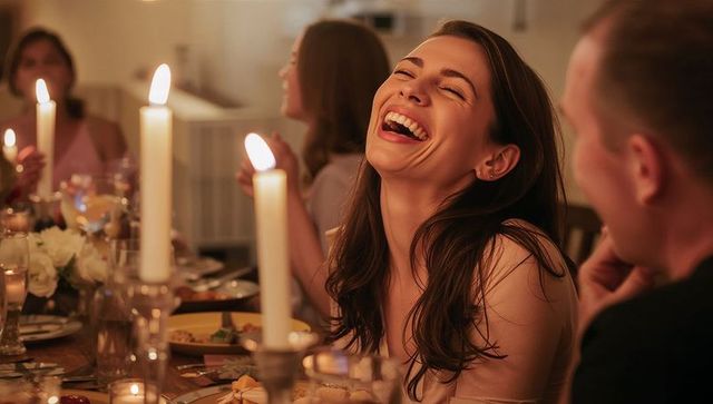 Laughing woman enjoying candlelit dinner with friends, cozy intimate celebration around table