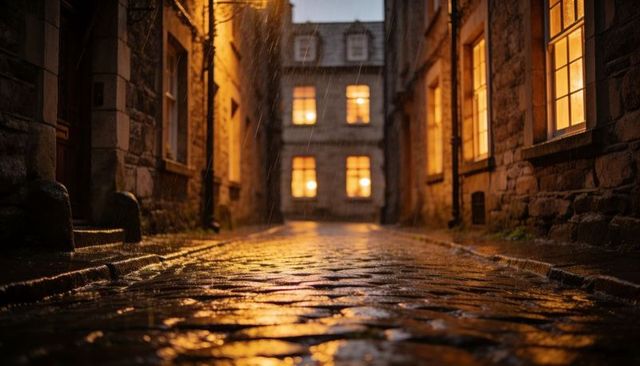 Glowing Wet Cobblestone Alley at Night Reflecting Warm Window Light in Historic Stone Town