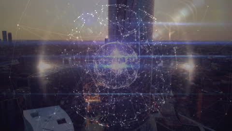 Digital Global Connections Over Futuristic Cityscape