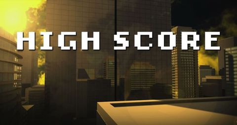 High score text overlay cityscape sunset