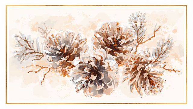 Watercolor Pine Cones and Conifer Branches in Warm Beige with Gold Frame, Botanical Art