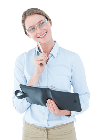 Confident businesswoman smiling with notebook transparent background