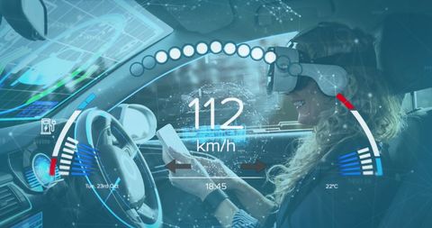 Woman Driving Electric Car with VR Headset: Exploring Futuristic Tech