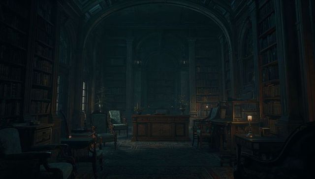 Dimly Lit Antique Library Interior Featuring Central Wooden Desk and Leather Chairs