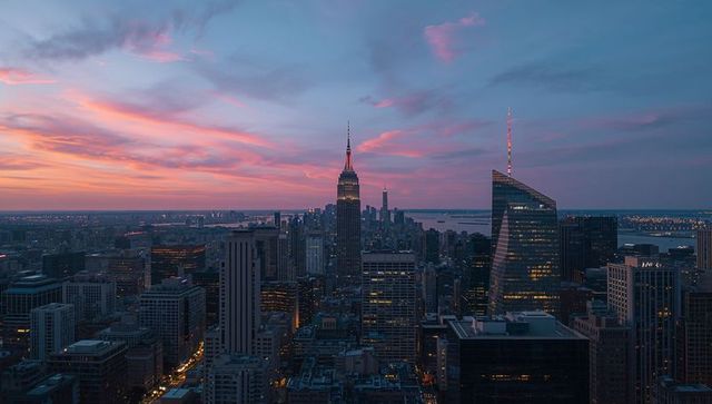 Sunset over manhattan framing empire state building with lit spire and glass tower