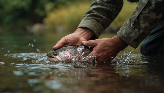Fisherman Gently Releasing Rainbow Trout Back to Stream