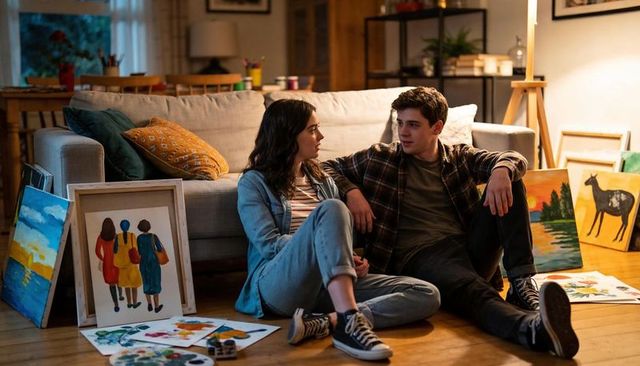 Young couple sitting on living room floor talking among canvases and painting supplies