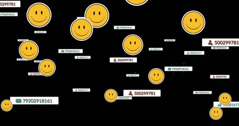 Falling social media icons and emojis on dark background