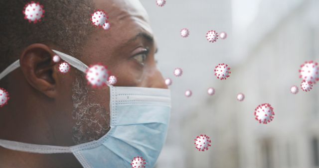 Man Wearing Mask in Urban Environment with Virus Illustrations - Download Free Stock Images Pikwizard.com