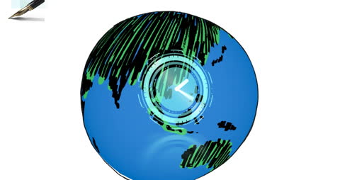 Digital Globe with Clock Animation on White Background