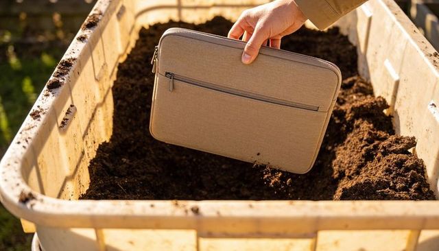 Holding beige laptop sleeve over soil-filled planter during golden hour gardening