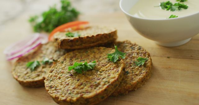 Wooden board displaying vegetarian chickpea patties garnished with fresh parsley next to a bowl of sauce. Perfect for promoting healthy eating, plant-based diet recipes, and culinary blogs. This image can be used in food-related articles, recipe books, or healthy eating campaigns.