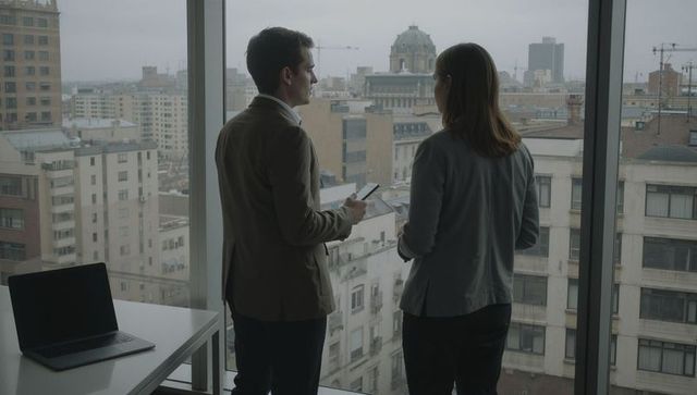 Business colleagues discussing city view at office window, holding smartphone and laptop