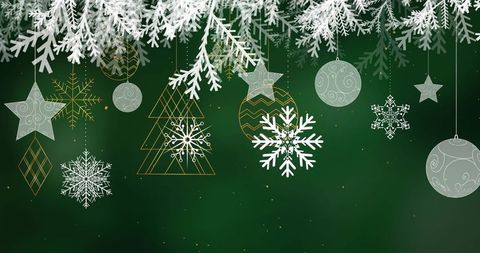 Elegant Christmas Decorations with Snowflakes and Stars on Green