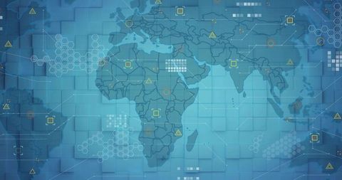 Global data dashboard displaying stylized world map with hex grid, nodes and alert icons