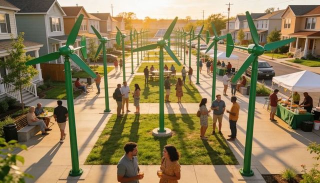 Neighbors mingling around mini wind turbines celebrating sustainable neighborhood living