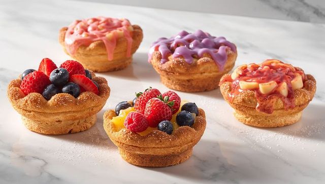 Mini fruit tartlets featuring mixed berries and colorful glazes on marble countertop