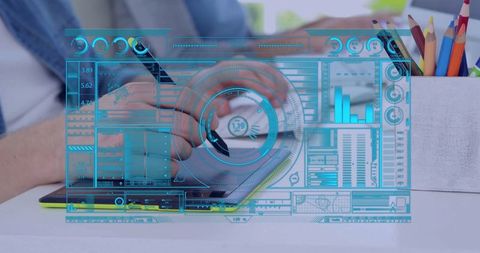 Futuristic user interface on tablet in creative office environment