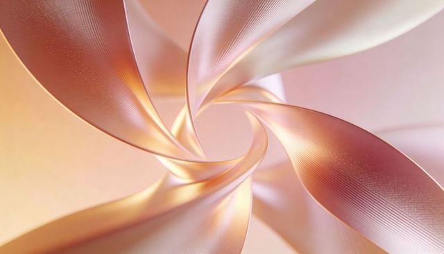 Pearlescent rose gold spiral ribbon sculpture with satin linear texture, abstract twist