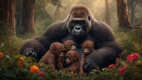 Protective gorilla mother cradling four infant gorillas among wildflowers in misty forest