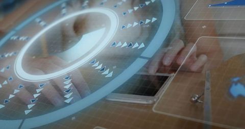 Tapping female hands navigating smartphone with AR HUD on minimalist desk