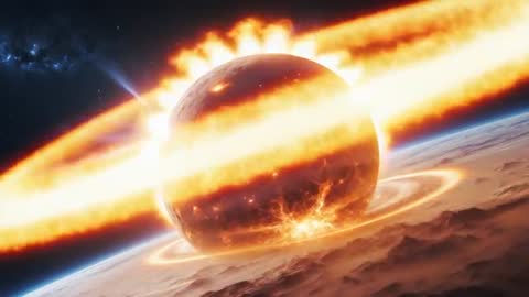 Planetary Collision with Fiery Explosion and Lava Fissures in Space